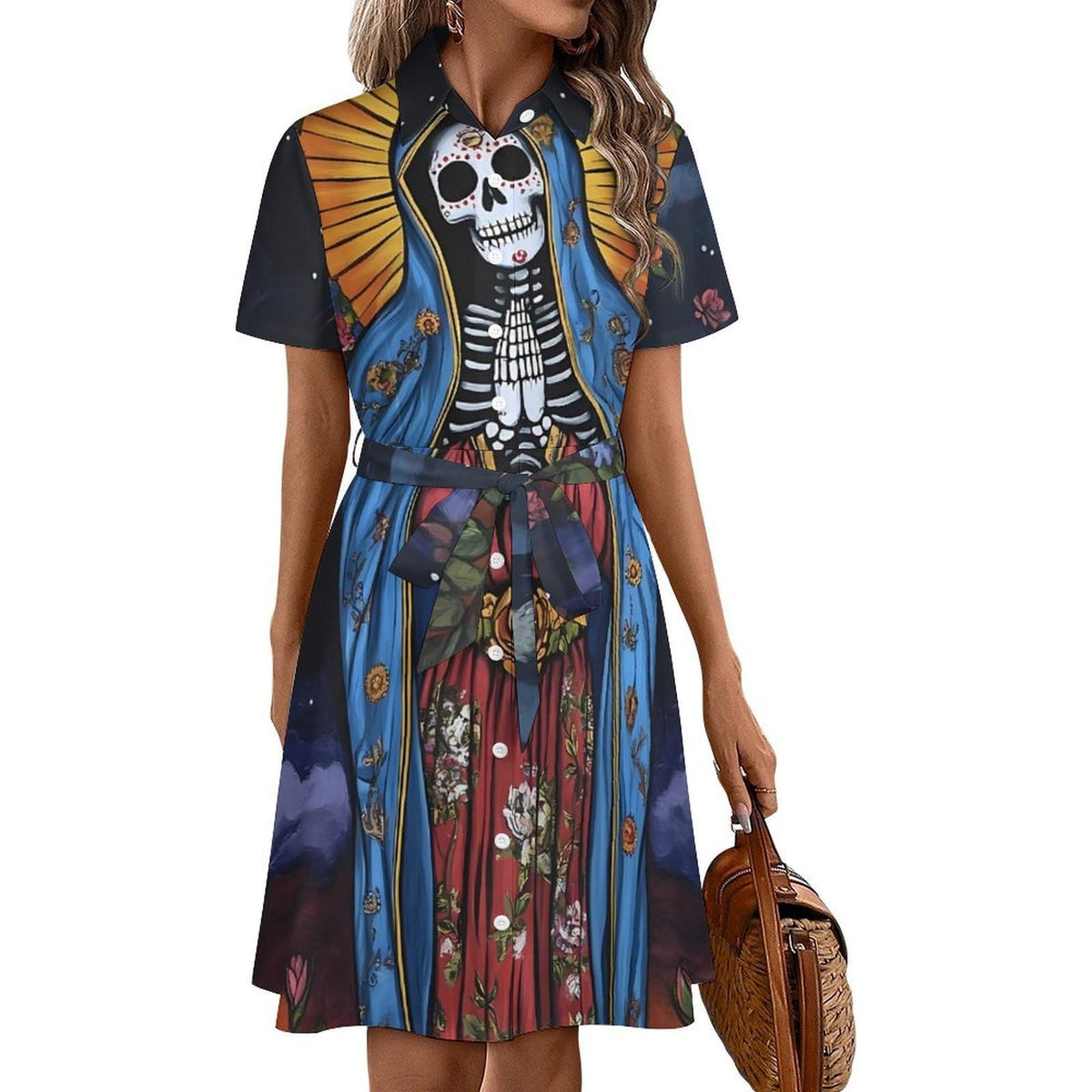 chemise décontractée à manches courtes et col boutonné pour femme, motif squelette gothique Santa Muertes, avec ceinture